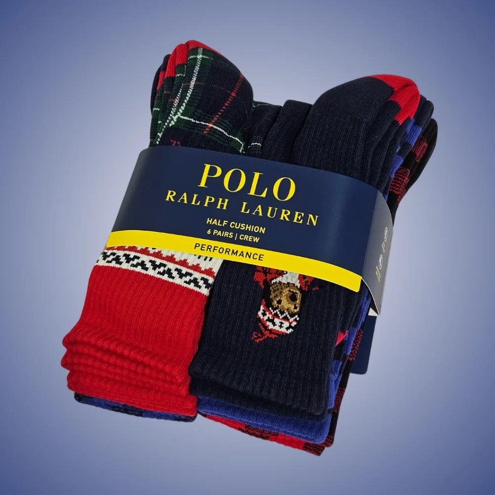 Polo Ralph Lauren Crew Socks Cotton Blend 6 Pairs Cushioned Soles Polo Bear Gift